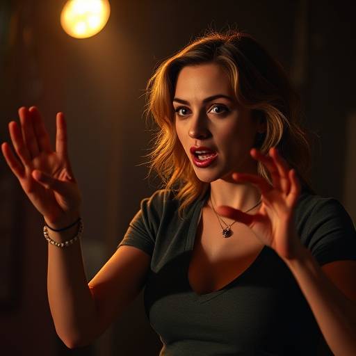 Atriz expressiva atuando em frente a uma câmera de cinema durante uma cena dramática.