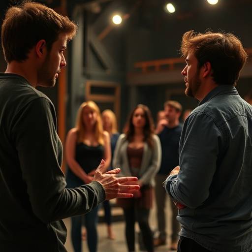 Grupo de atores em um ensaio de peäa teatral