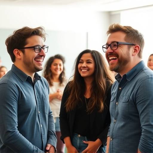 Grupo de atores rindo e praticando improvisaäão em uma sala de aula com um instrutor.
